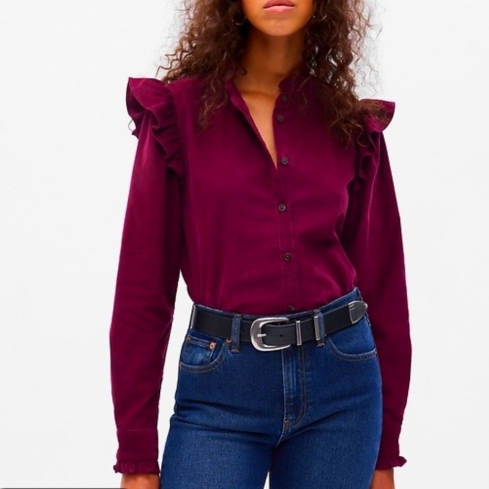 Gap Corduroy Ruffle Shirt Womens XL Tall Burgundy Long Sleeve Button Up